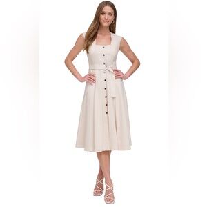 DKNY Cream Button-Down Midi Dress With Belt